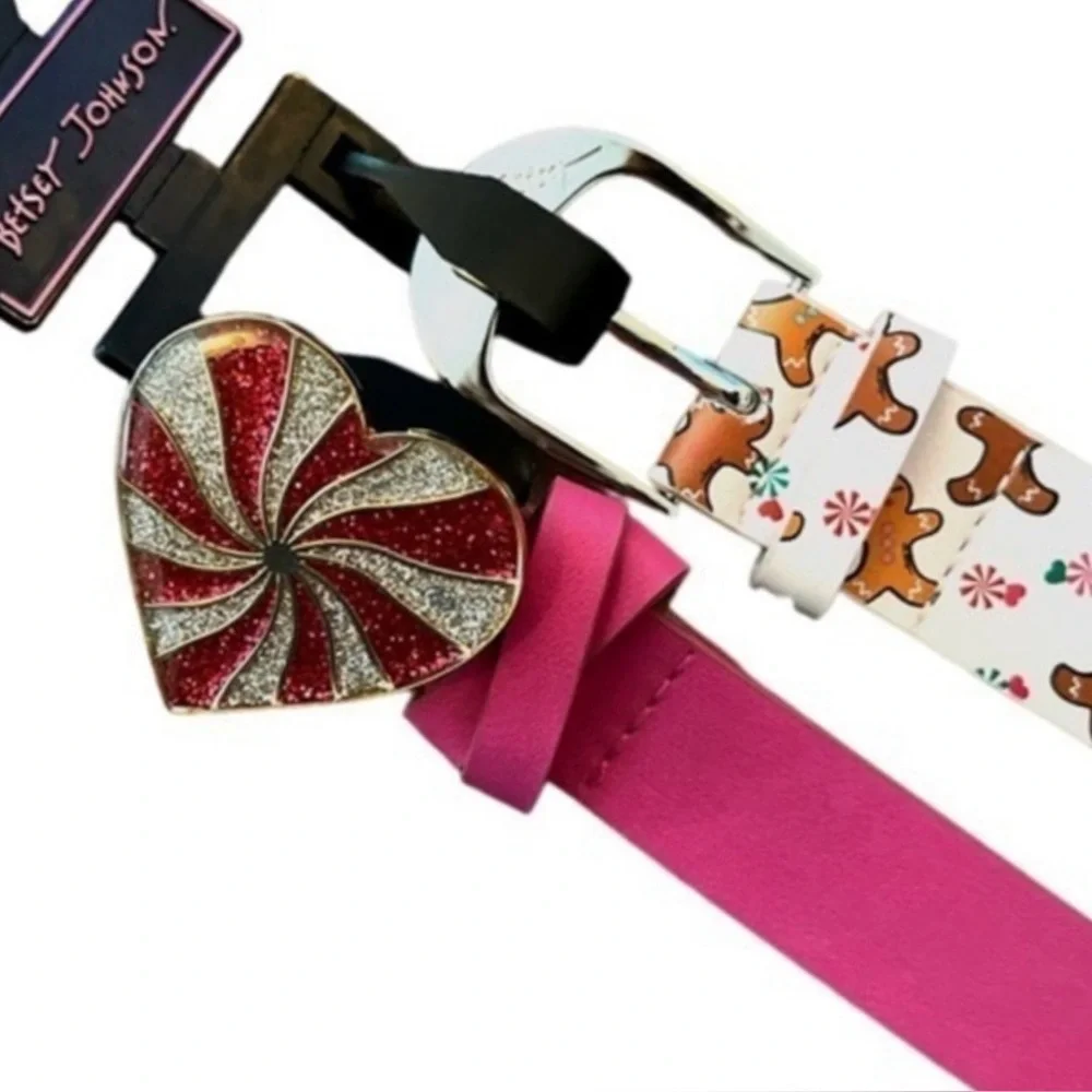 Betsey Johnson Christmas Holiday Belt Set of 2  Pink Heart Gingerbread Large NWT
